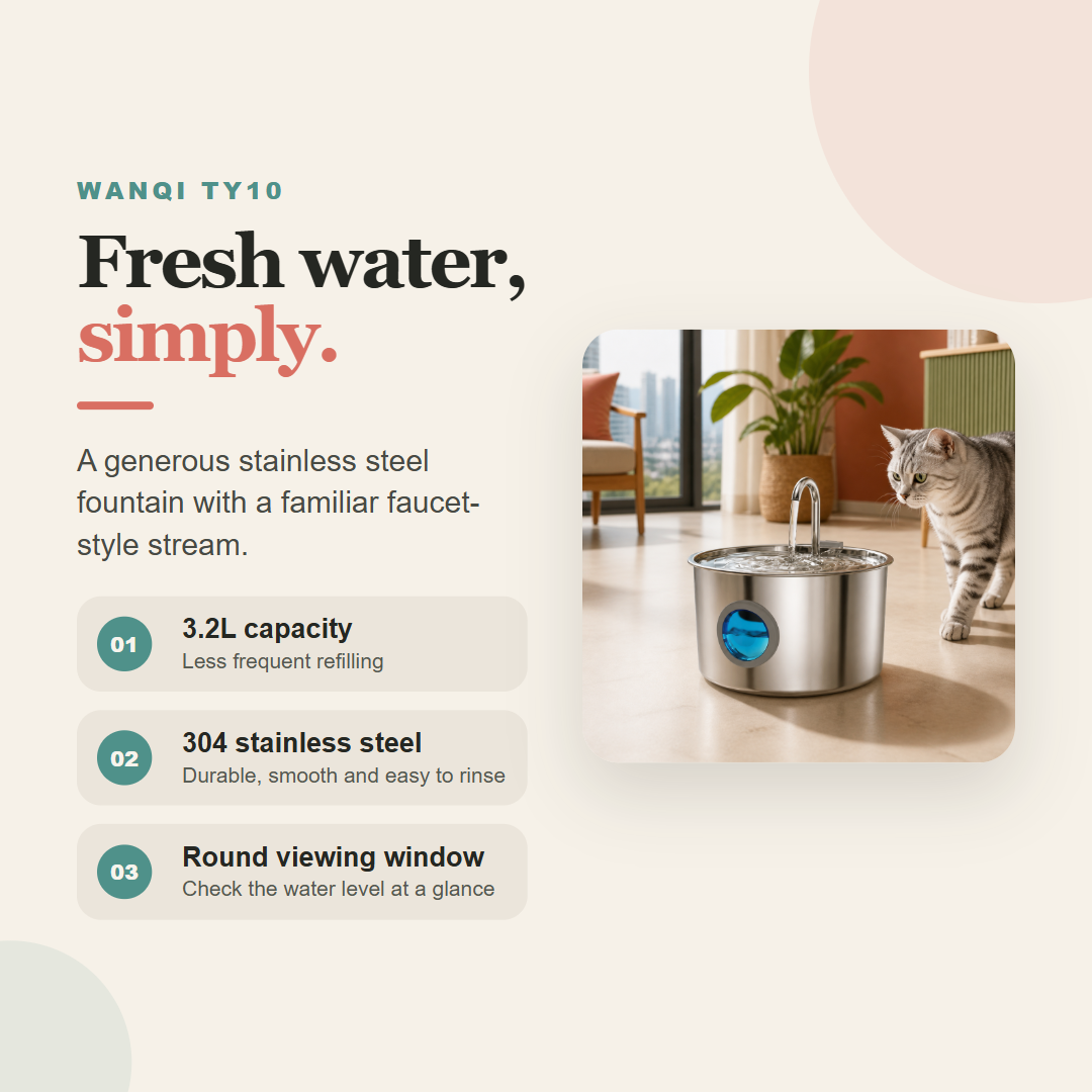 WANQI TY10 3.2L Stainless Steel Cat Water Fountain